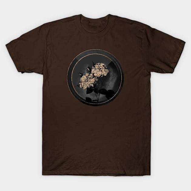 Shadowy White Damask Rose Botanical on Black and Gold T-Shirt by Holy Rock Design